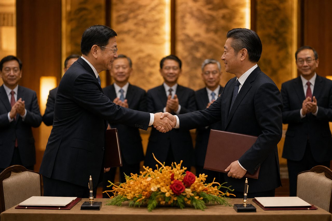 Signing ceremony between business executives at a formal ASEAN–China event